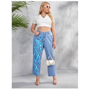 SHEIN Lightning Print Painted Raw Hem Light Wash Jeans Size 2XL